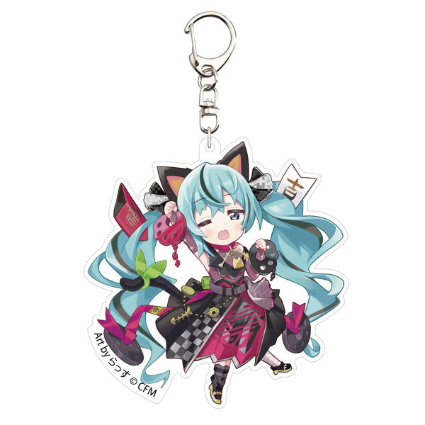 「初音ミク×招き猫」 アクリルキーホルダー Art by らっす 黒猫 立ち右手あげ