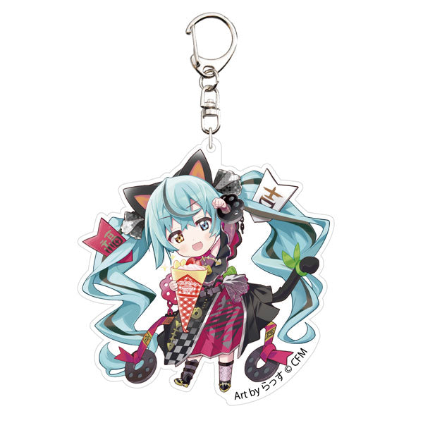 「初音ミク×招き猫」 アクリルキーホルダー Art by らっす 黒猫 立ち左手あげ クレープ
