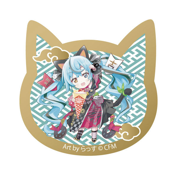 「初音ミク×招き猫」 猫型アクリルマグネット Art by らっす 黒猫 立ち左手あげ クレープ