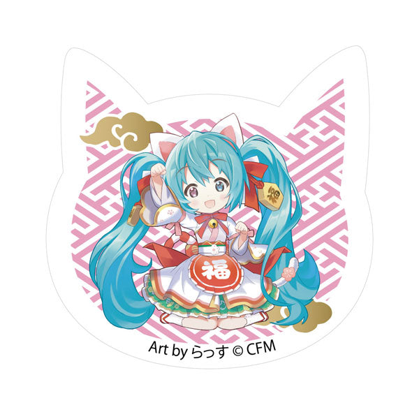 「初音ミク×招き猫」 猫型アクリルマグネット Art by らっす 白猫 座り右手あげ