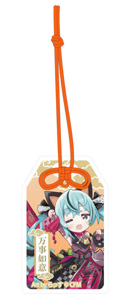 「初音ミク×招き猫」 ご利益別御守風アクリルキーホルダー Art by らっす 黒猫 立ち右手あげ