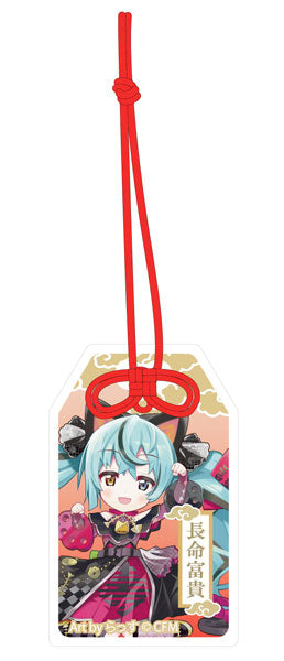 「初音ミク×招き猫」 ご利益別御守風アクリルキーホルダー Art by らっす 黒猫 座り左手あげ