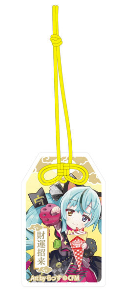 「初音ミク×招き猫」 ご利益別御守風アクリルキーホルダー Art by らっす 黒猫 座り右手あげ クレープ