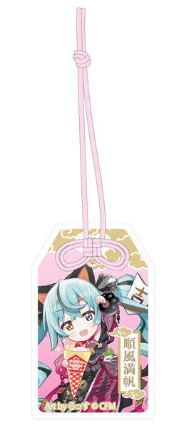 「初音ミク×招き猫」 ご利益別御守風アクリルキーホルダー Art by らっす 黒猫 立ち左手あげ クレープ