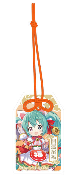 「初音ミク×招き猫」 ご利益別御守風アクリルキーホルダー Art by らっす 白猫 座り右手あげ