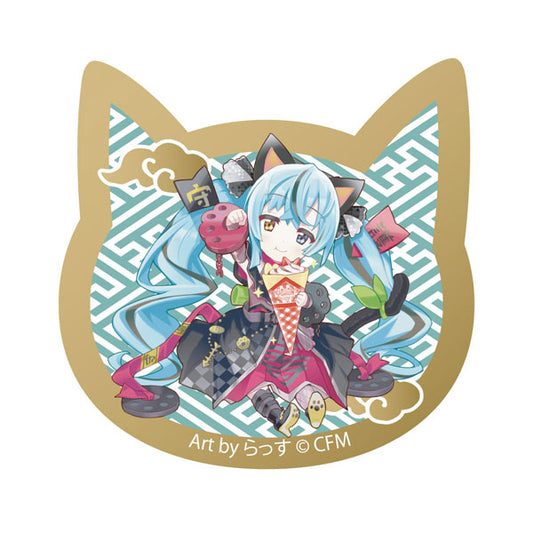 ｢初音ミク×招き猫｣ 猫型アクリルマグネット Art by らっす 黒猫 座り右手あげ クレープ