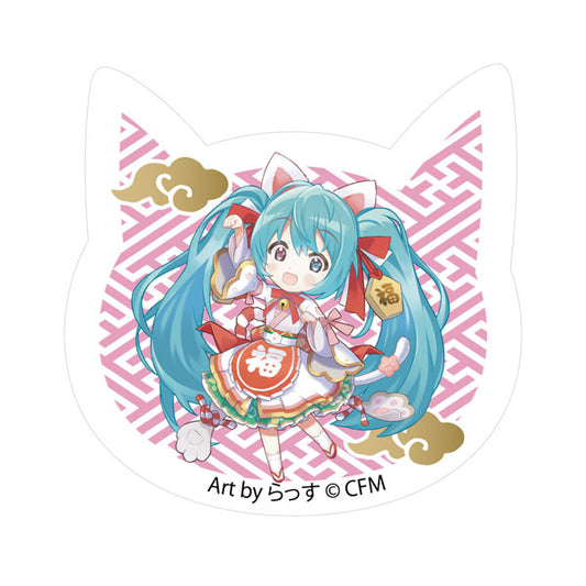 ｢初音ミク×招き猫｣ 猫型アクリルマグネット Art by らっす 白猫 立ち右手あげ